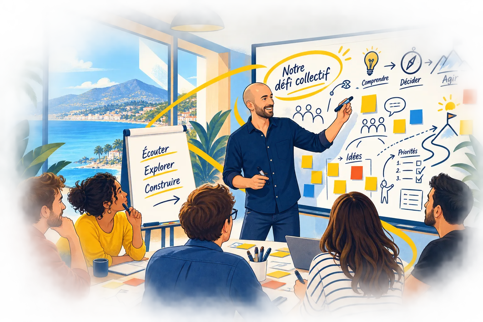 Un facilitateur anime un atelier collaboratif devant un groupe de participants, avec un support visuel couvert de notes autocollantes, sur fond de littoral méditerranéen.